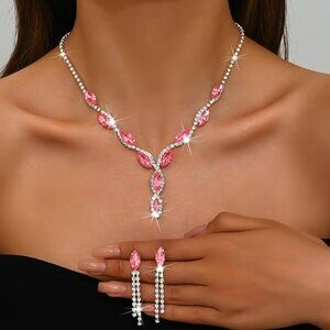 New Womens Elegant Light Pink Crystal Necklace & Earrings
